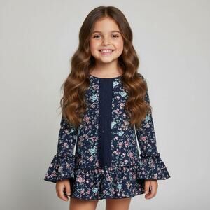 Girls My Destiny Blue Floral Peasant Top Bell Sleeve Crochet Detail Size 5/6